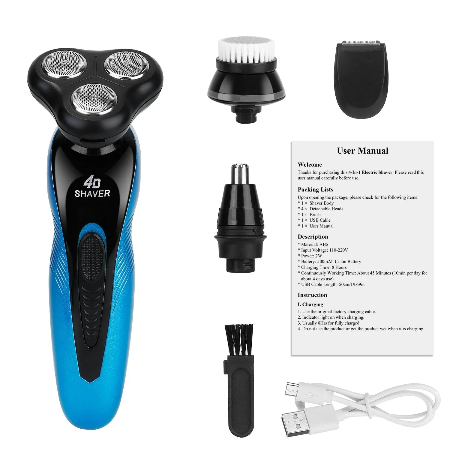 4 In 1Electric Shaver for Men IPX7 Waterproof Beard Trimmer Cordless