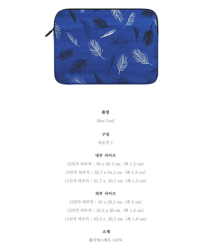 Blue Leaf Leaves Graphic Laptop Sleeves 11 13 15 inch Cases Protective Covers Handbags Square Pouches Designer Artist Prints Cute Lightweight School Collage Office Zipper Fashion Unique Gifts Couple Items Skins