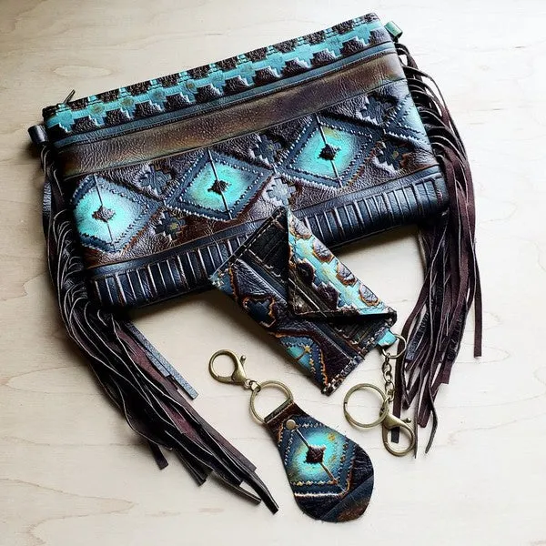 Blue Navajo Embossed Leather Clutch Handbag