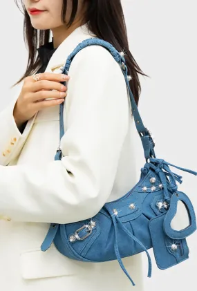 BRETT - DENIM STUDDED HOBO BAG