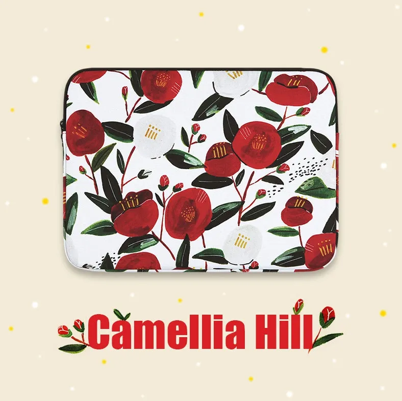 Camellia Floral Graphic Laptop Sleeves 11 13 15 inch Cases Protective Covers Handbags Square Pouches Designer Artist Prints Cute Lightweight School Collage Office Zipper Fashion Unique Gifts Couple Items Skins