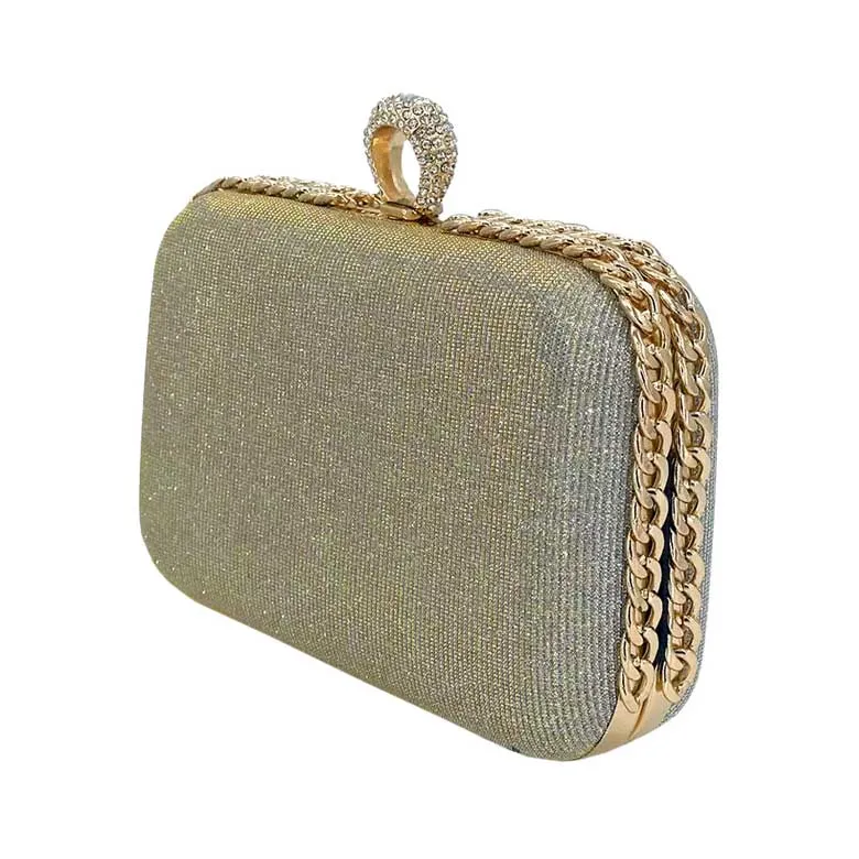 Chain Detailed Shimmery Evening Clutch Crossbody Bag