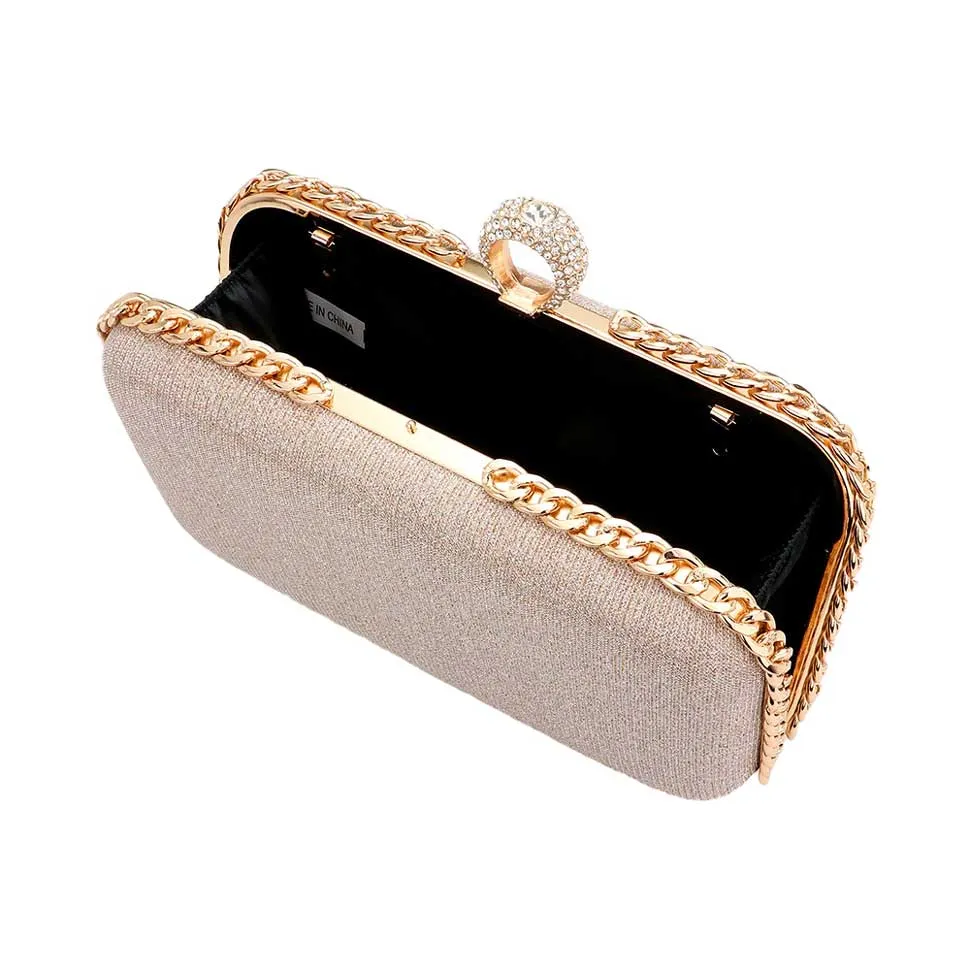 Chain Detailed Shimmery Evening Clutch Crossbody Bag