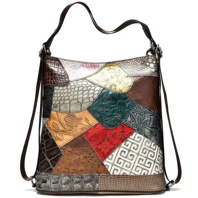 Convertible Bohemian Style Flowers Multi-Color Pattern Genuine Leather Sling Bag & Backpack