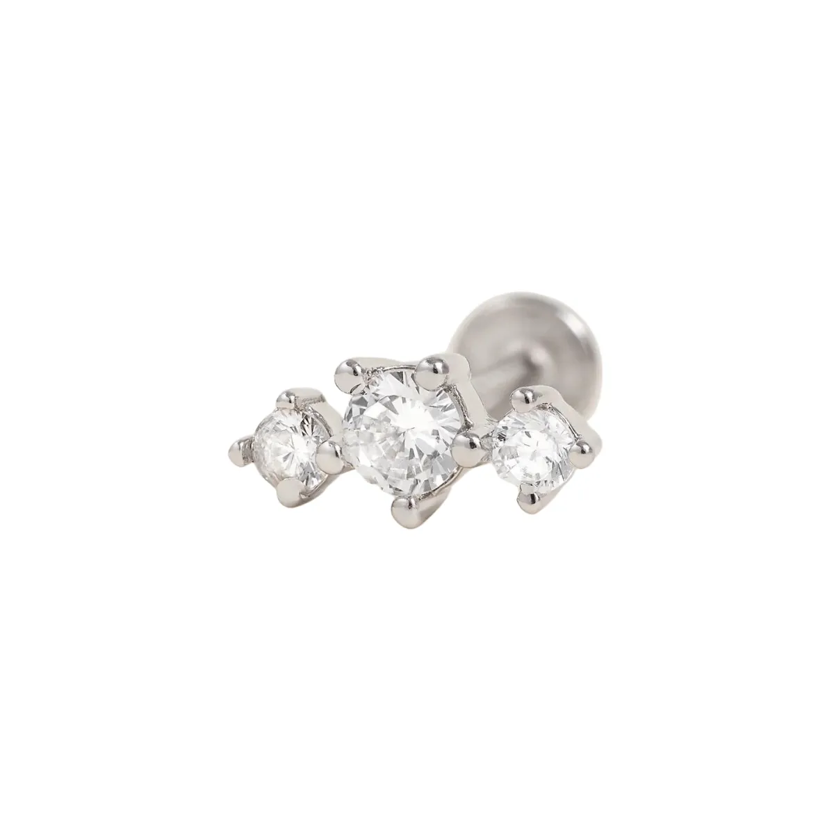 CURVED TRIPLE WHITE CZ FLAT BACK PIERCING STUD (18G)