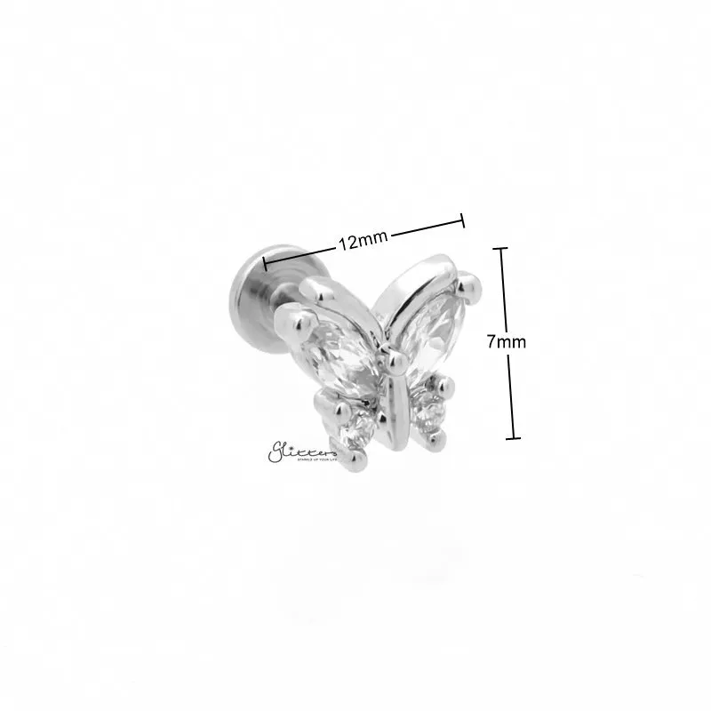 CZ Butterfly Top Flat Back Stud - Silver