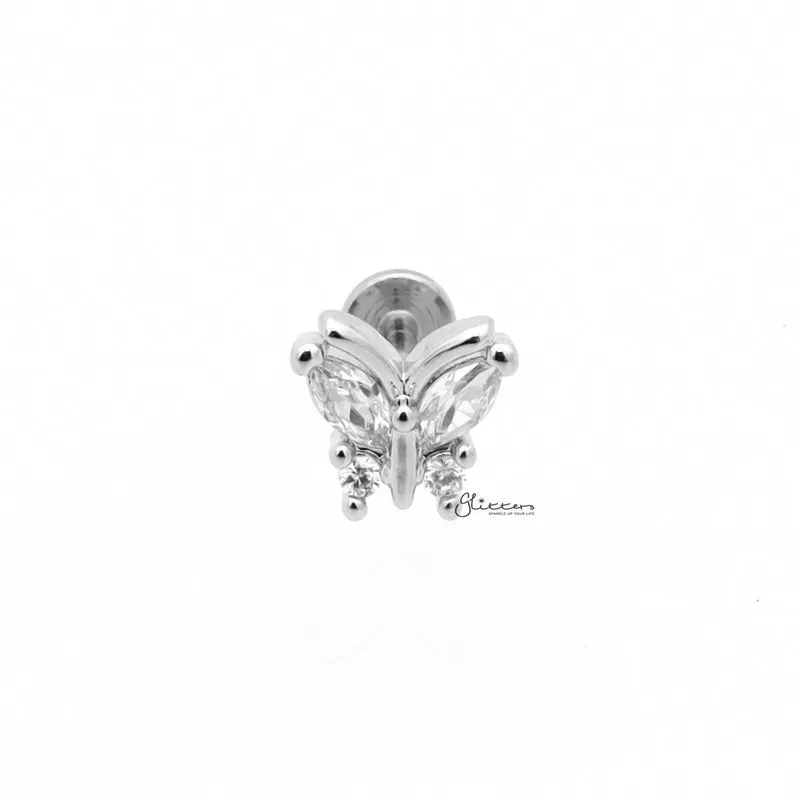 CZ Butterfly Top Flat Back Stud - Silver