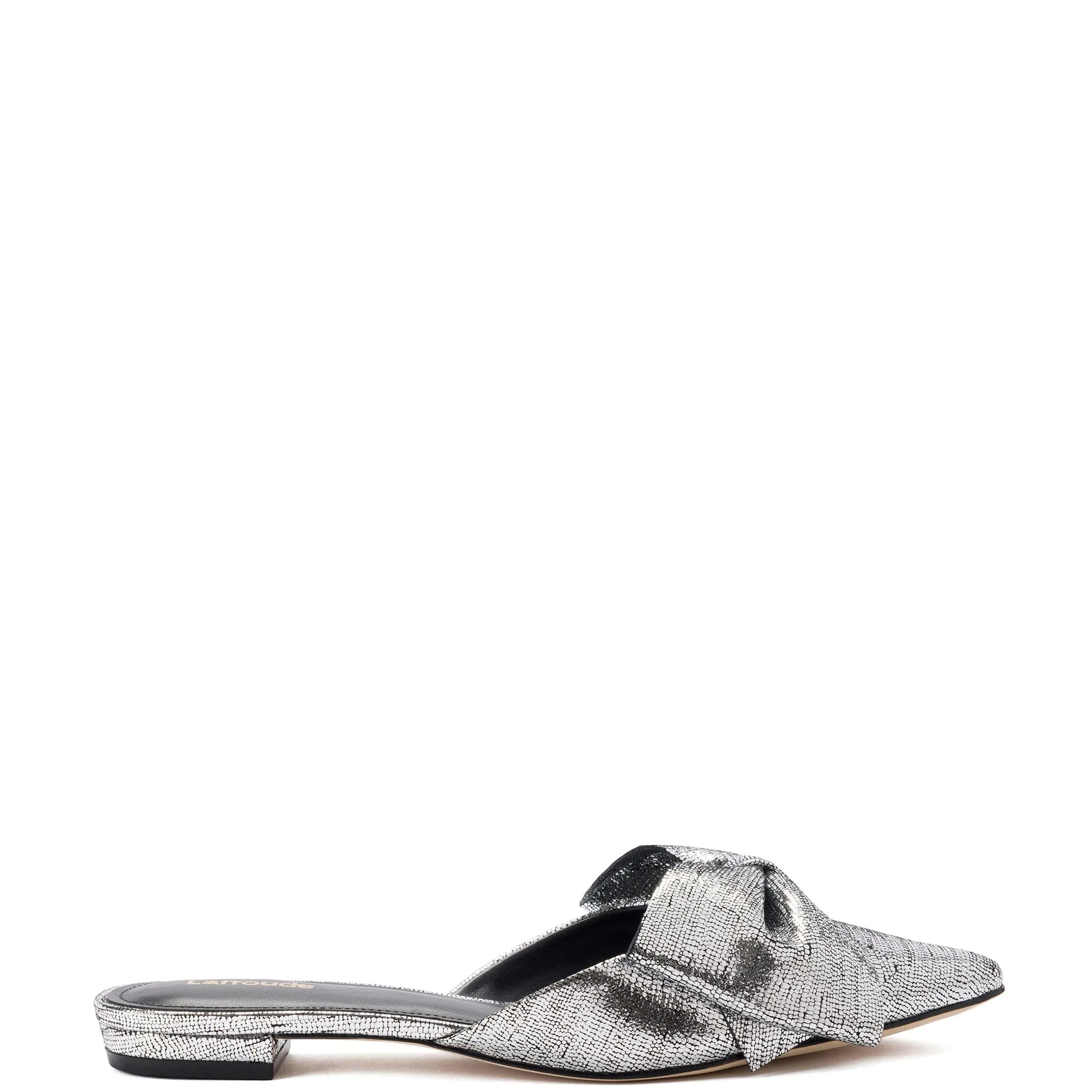 Elle Flat Mule In Silver Cracked Metallic Leather