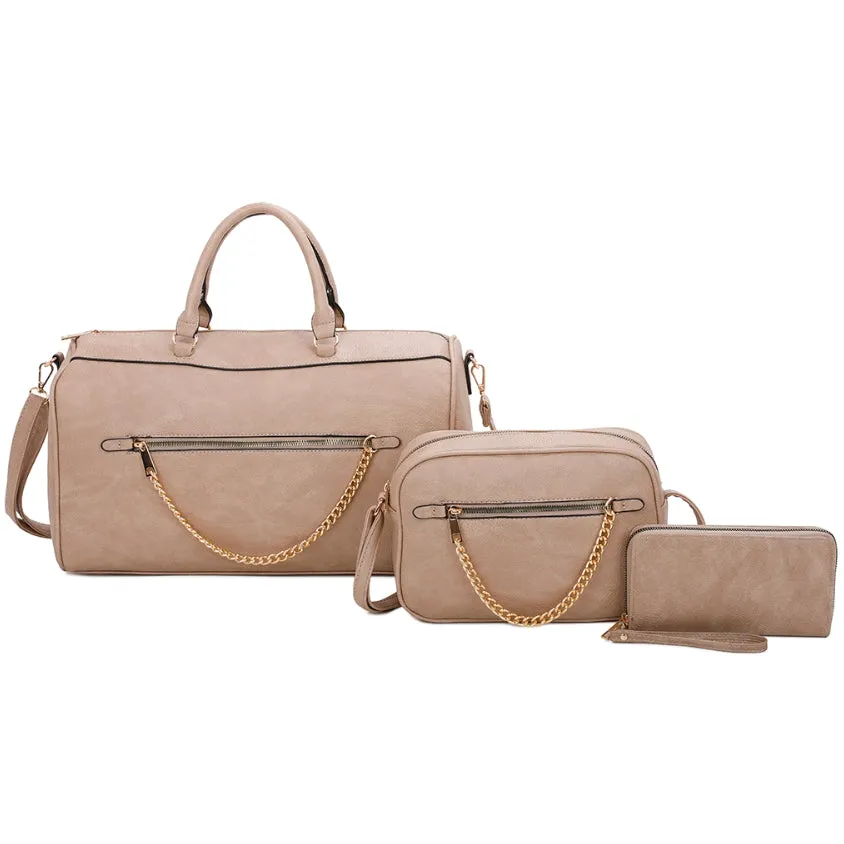 Fashion chained boston bag set - stone