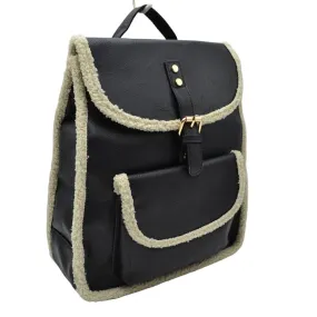 Faux Shearling Trimmed Vegan Leather Foldover Backpack