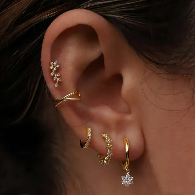 Floral and CZ Diamond Flat Back Cartilage Stud Earrings