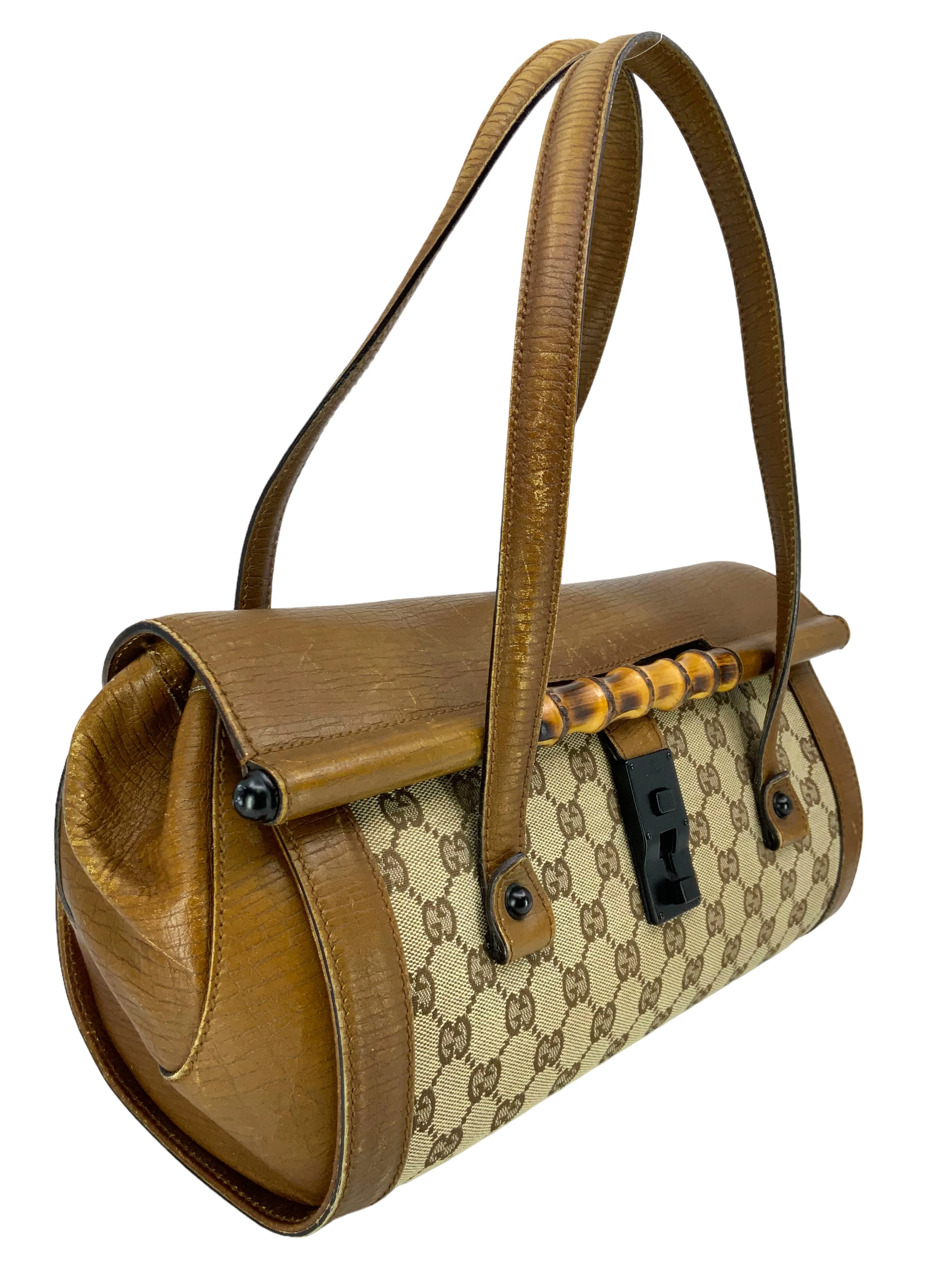 Gucci Monogram GG Canvas Leather Bamboo Bullet Bag