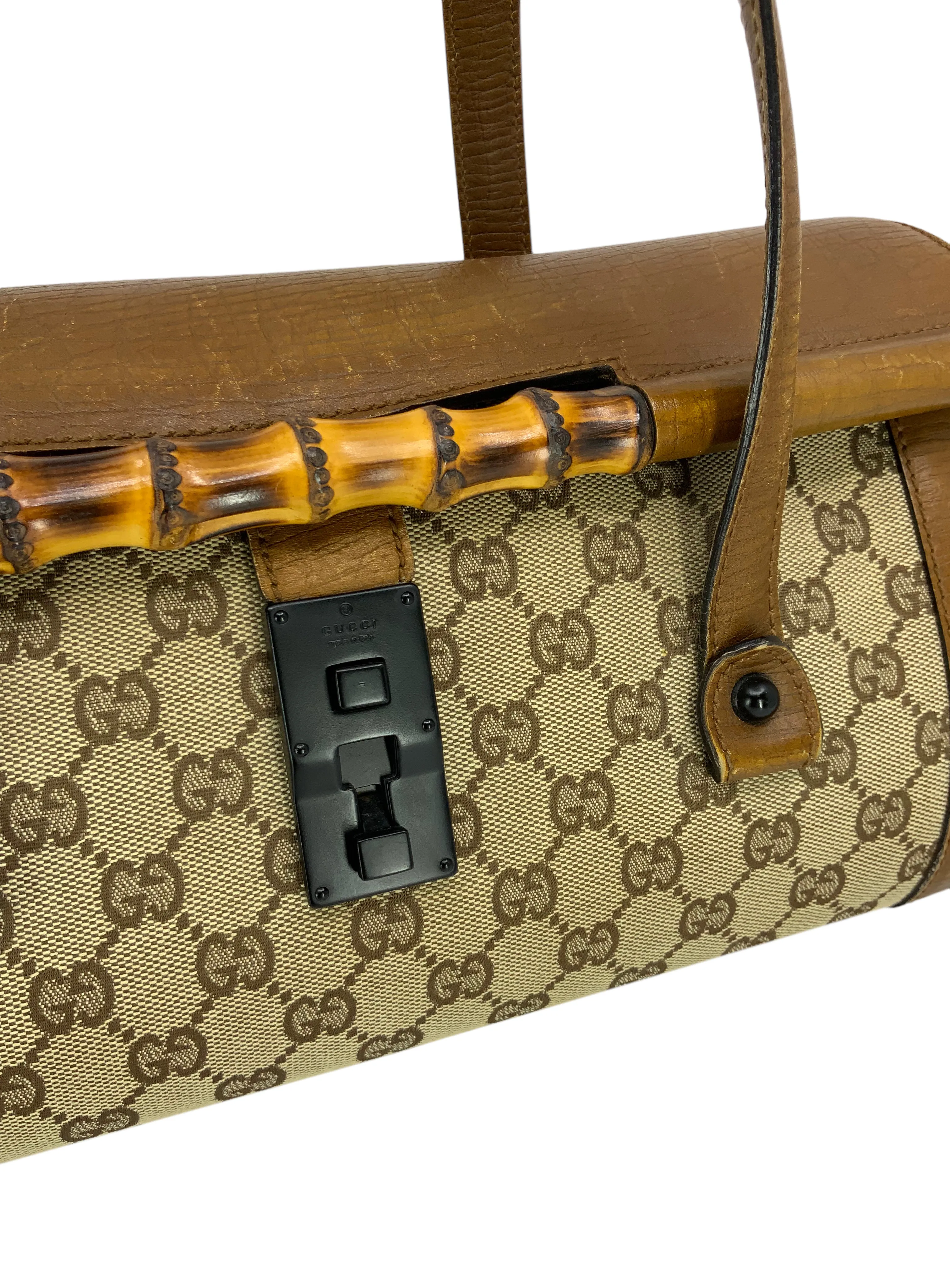 Gucci Monogram GG Canvas Leather Bamboo Bullet Bag