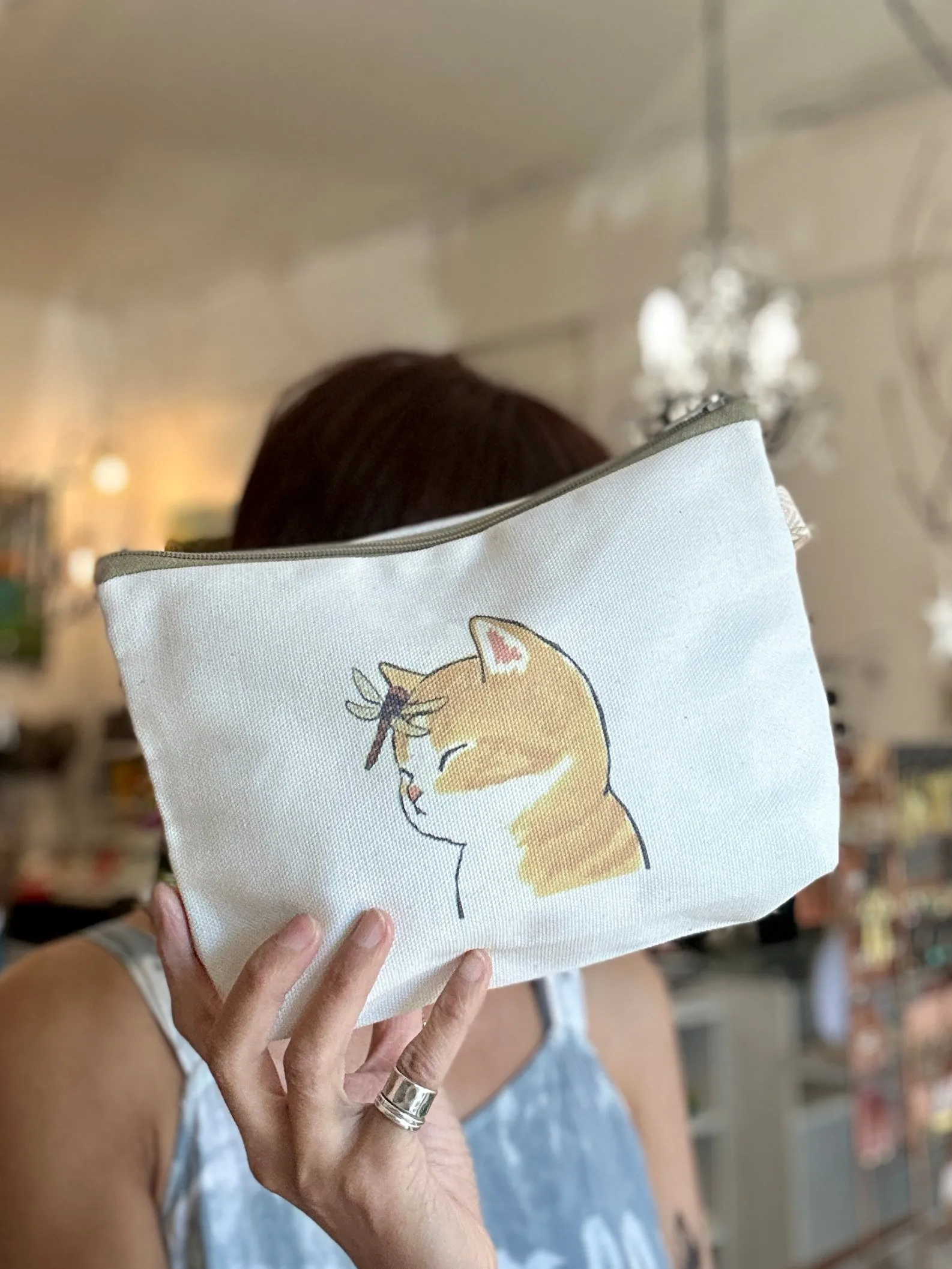 Handmade Canvas Pouch Makeup Zipper Bag w/ Cute Art Print