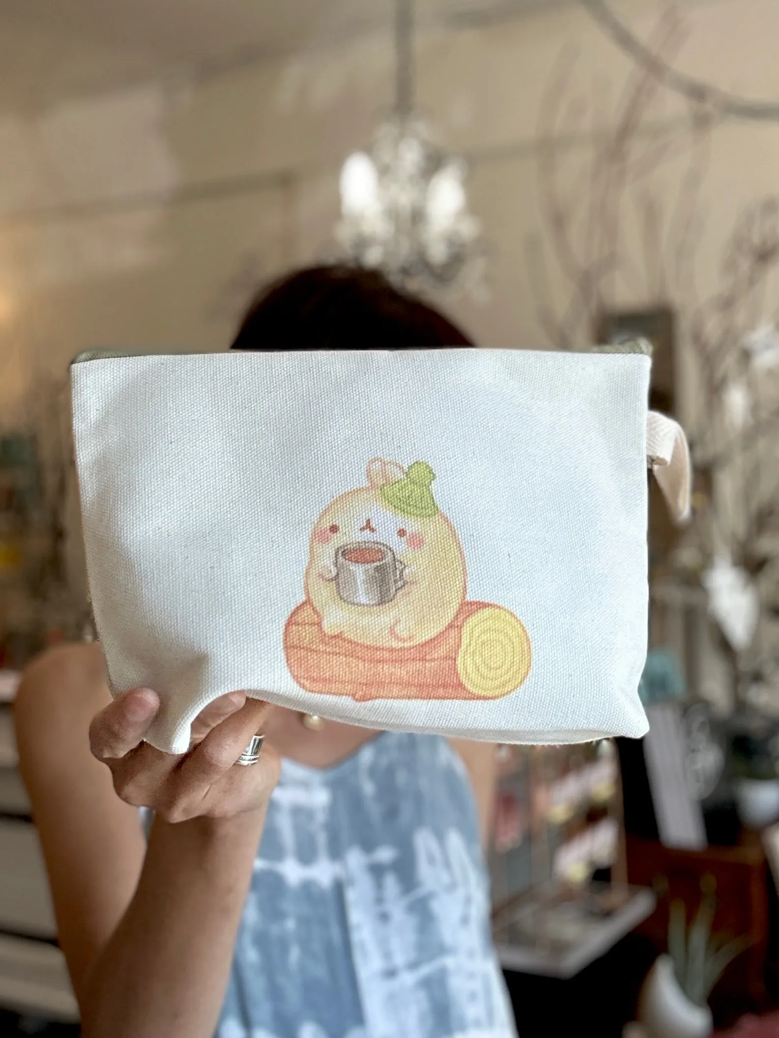 Handmade Canvas Pouch Makeup Zipper Bag w/ Cute Art Print