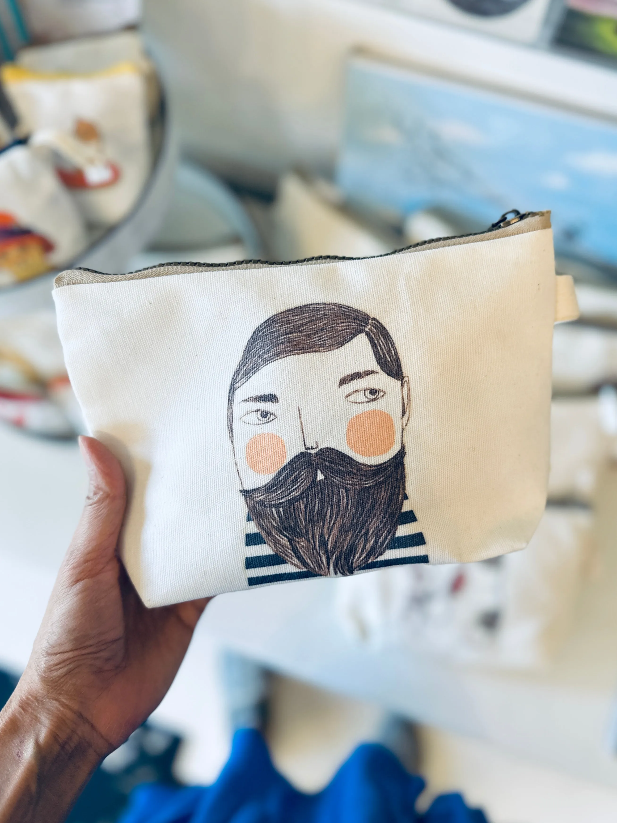 Handmade Canvas Pouch Makeup Zipper Bag w/ Cute Art Print