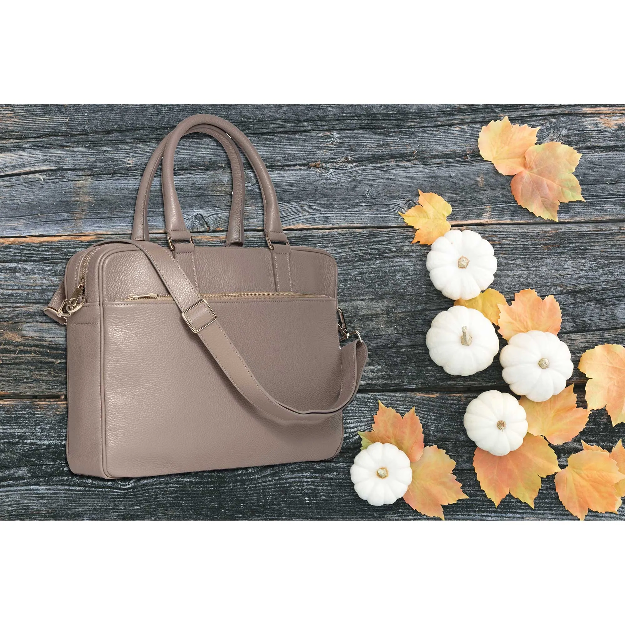 Italian Leather Briefcase for Women | Taupe Slim