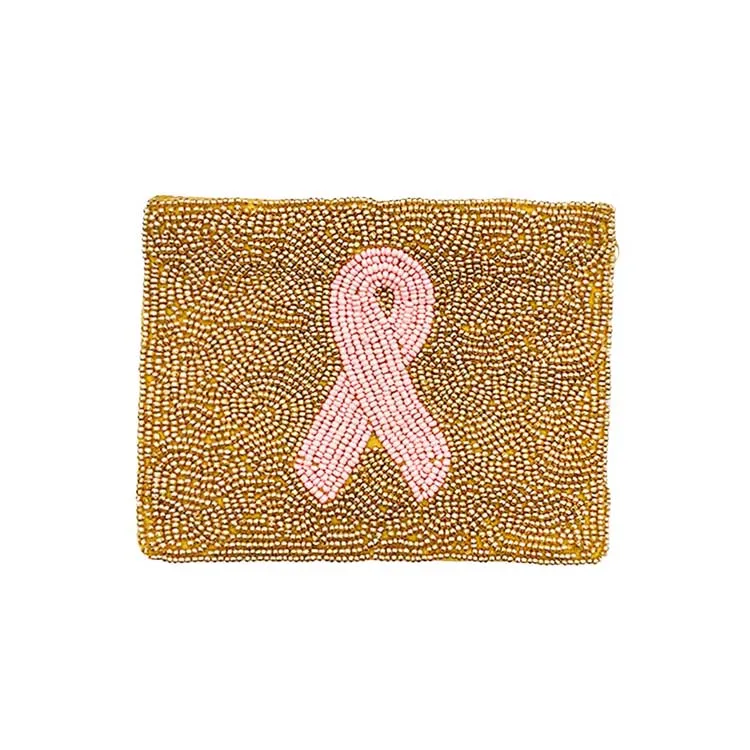 Pink Ribbon Accented Seed Beaded Mini Pouch Bag