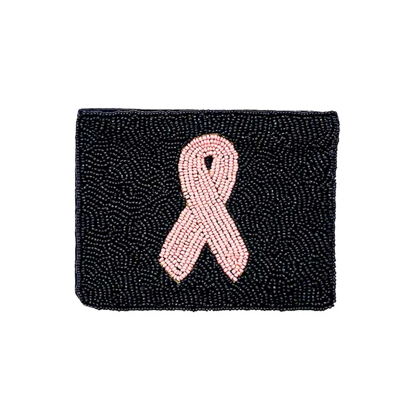 Pink Ribbon Accented Seed Beaded Mini Pouch Bag