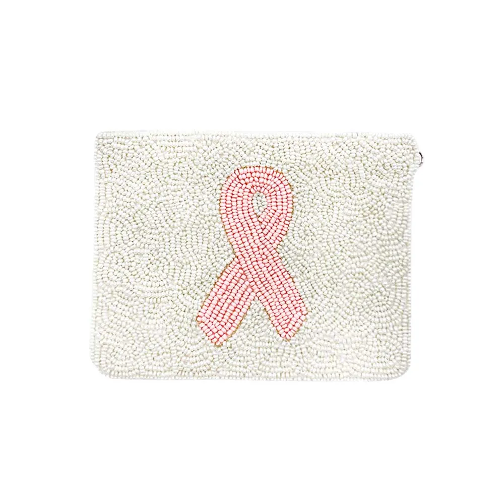 Pink Ribbon Accented Seed Beaded Mini Pouch Bag