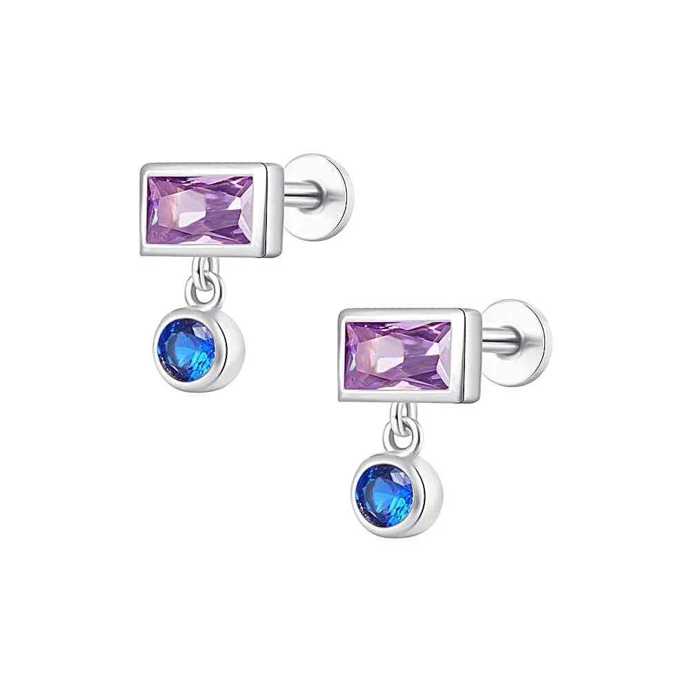 Purple Baguette CZ Diamond Drop Flat Back Stud Earrings