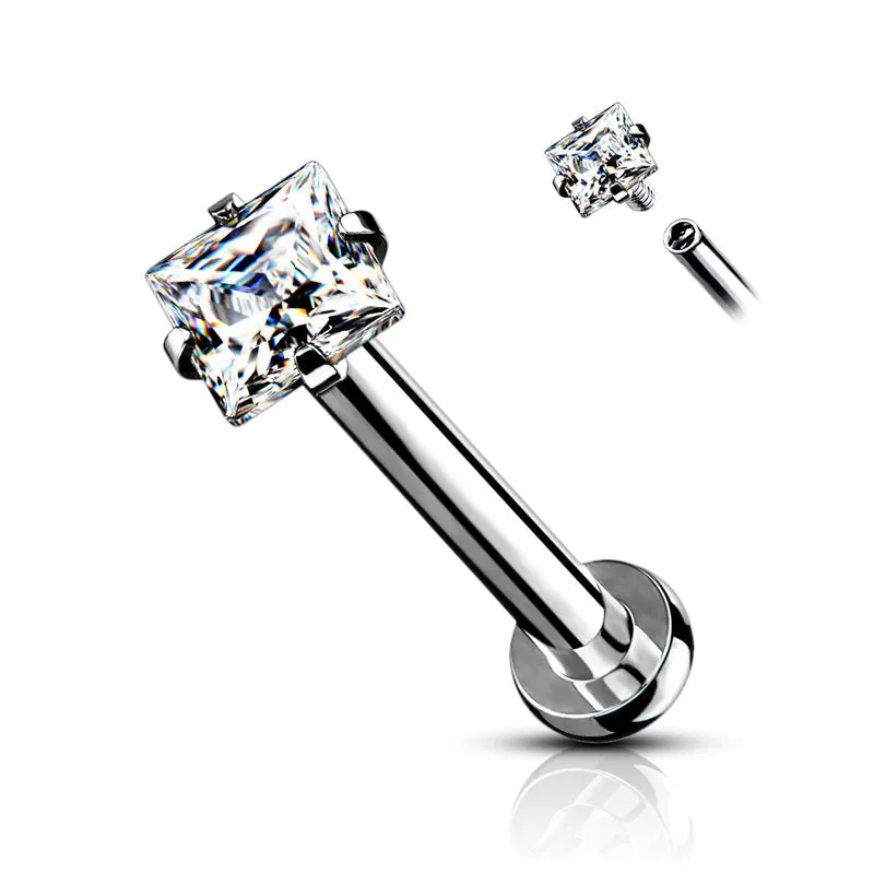 Square CZ Prong Set Top Internally Threaded Flat Back Stud