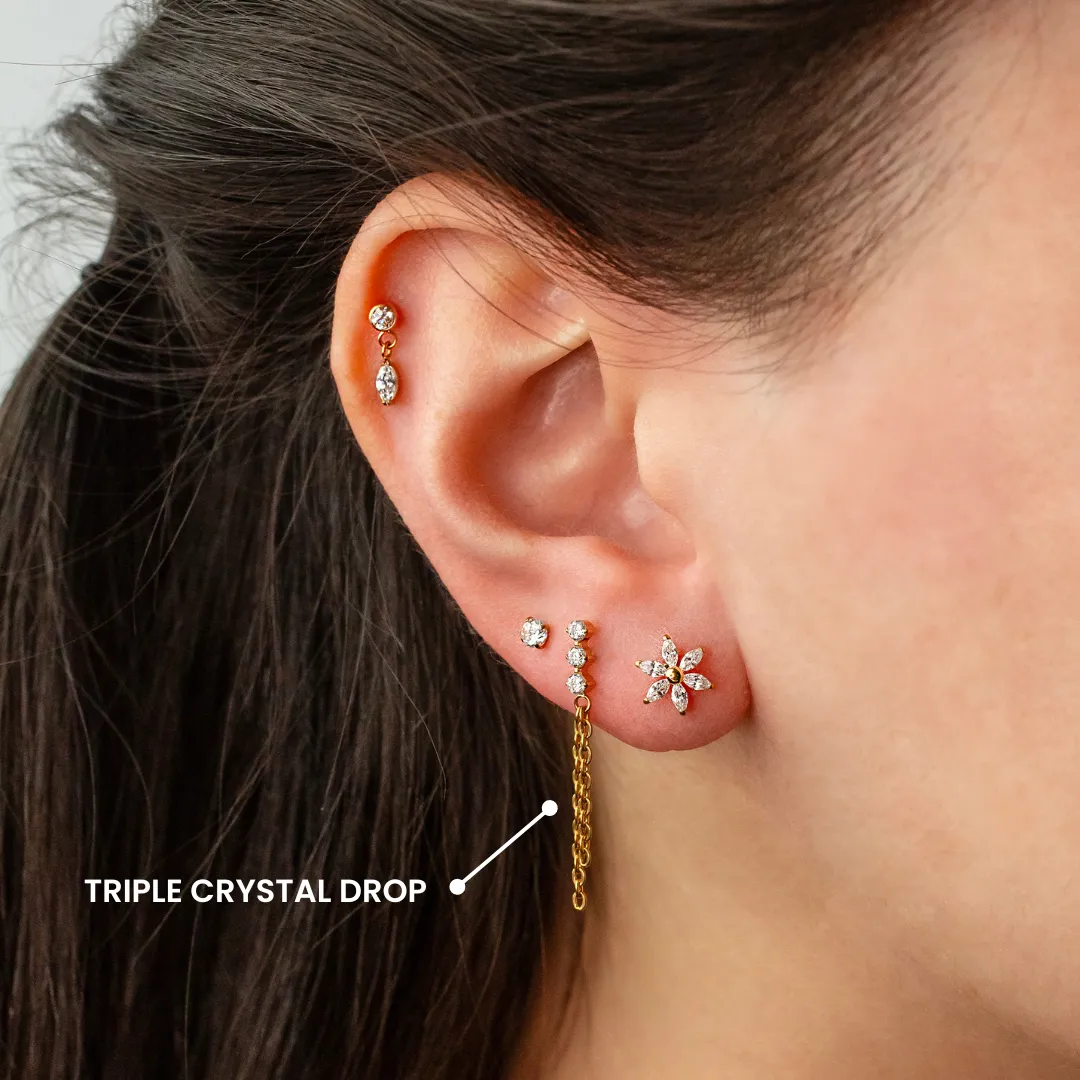 Triple Crystal Drop Chain Flat Back Sleeper Earrings