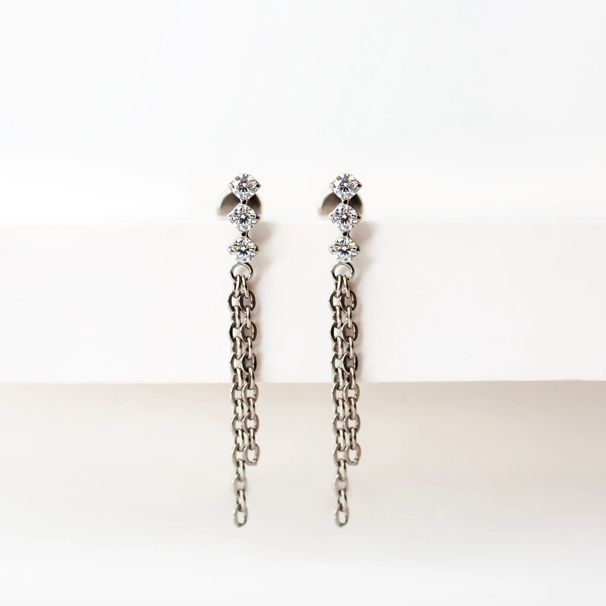 Triple Crystal Drop Chain Flat Back Sleeper Earrings