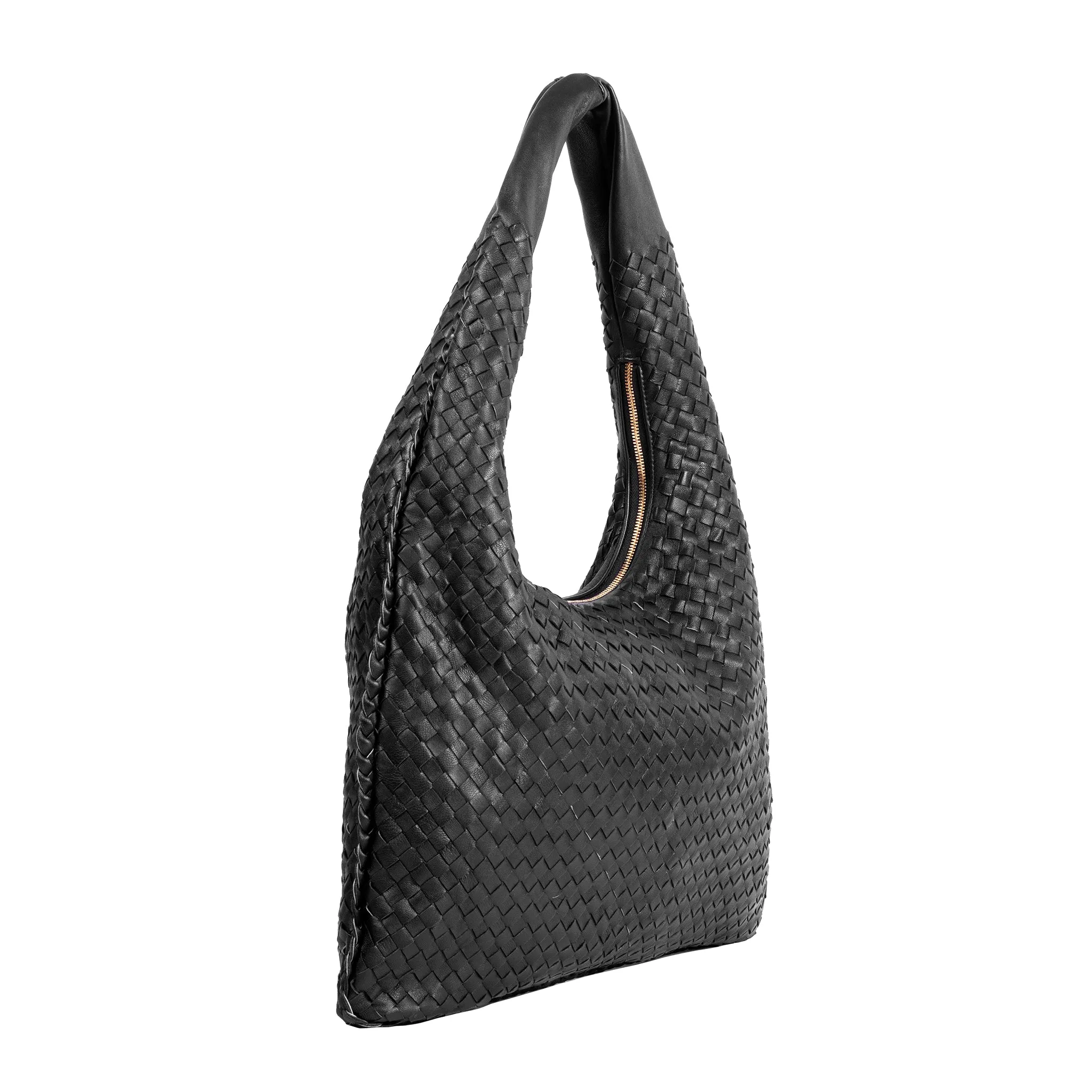 Woven Leather Slouchy Hobo Bag-Black